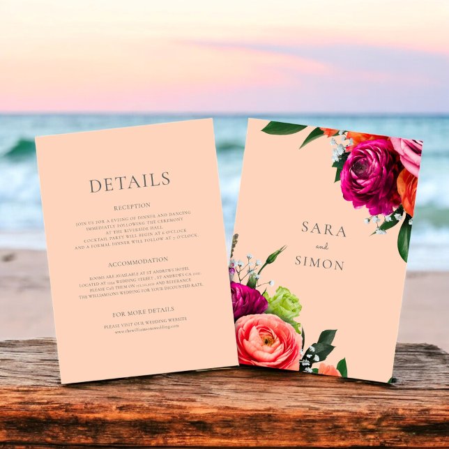 Cartão de detalhes do casamento floral moderno (modern peach background with vibrant florals , ideal for any wedding season)