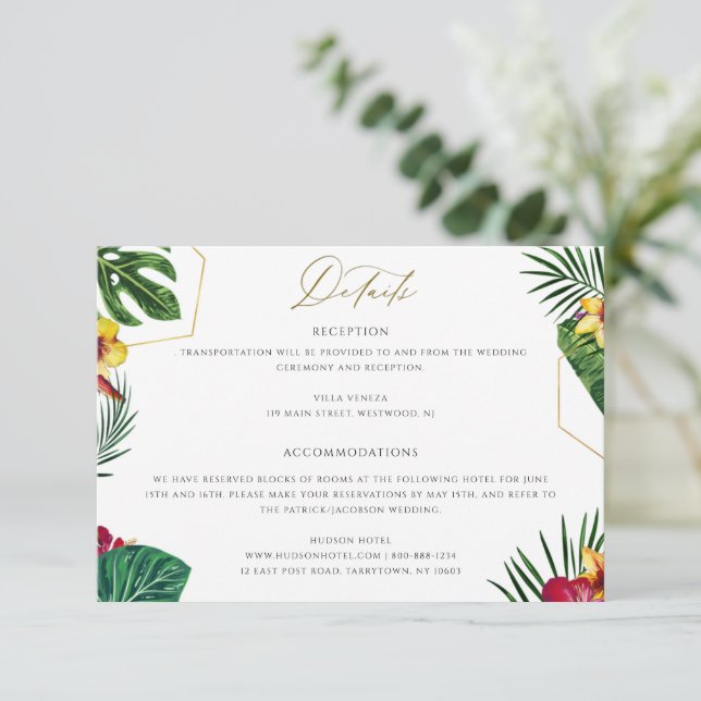 Cartão de Detalhes do Casamento Floral Tropical (Em pé/Frente)