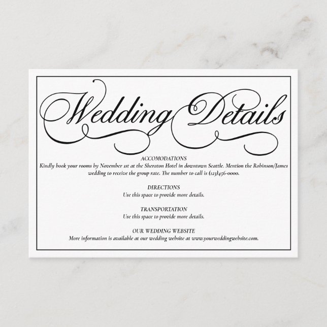 Cartão de Detalhes do Casamento Formal Branco Eleg (Frente)