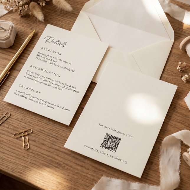 Cartão de Detalhes do Casamento Ivory com Código Q (Criador carregado)