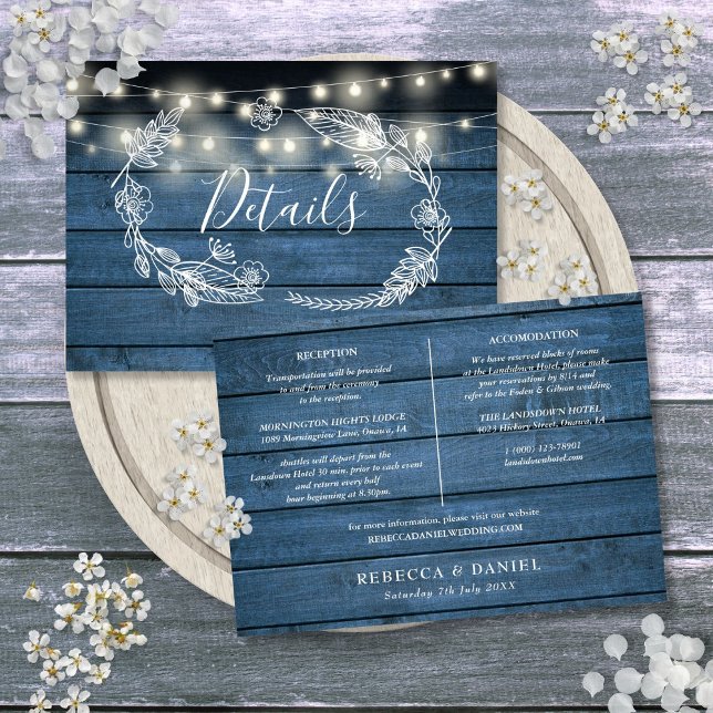 Cartão de Detalhes do Casamento Luzes de Corda em  (Blue Wood String Lights Wedding Details Card)