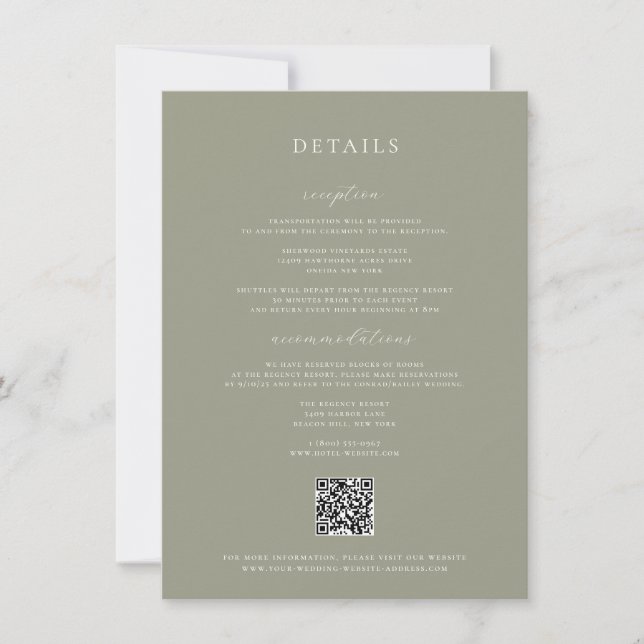 Cartão de Detalhes do Casamento Verde Sage (Frente)