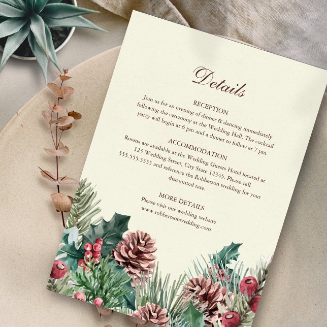 Cartão de Detalhes do Casamento Winter Greenery (Winter Evergreen Elegance Wedding Details on neutral background.)