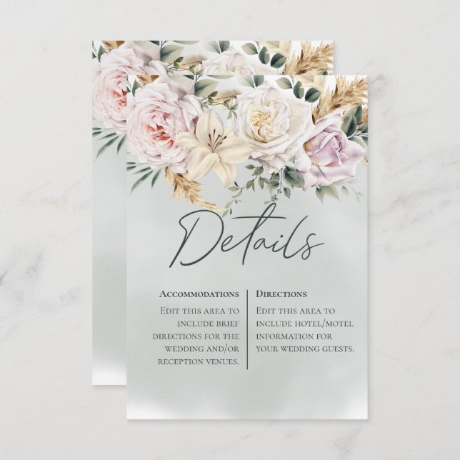 Cartão de Detalhes Verde Boho Pampas e Rosas Rosa (Frente/Verso)