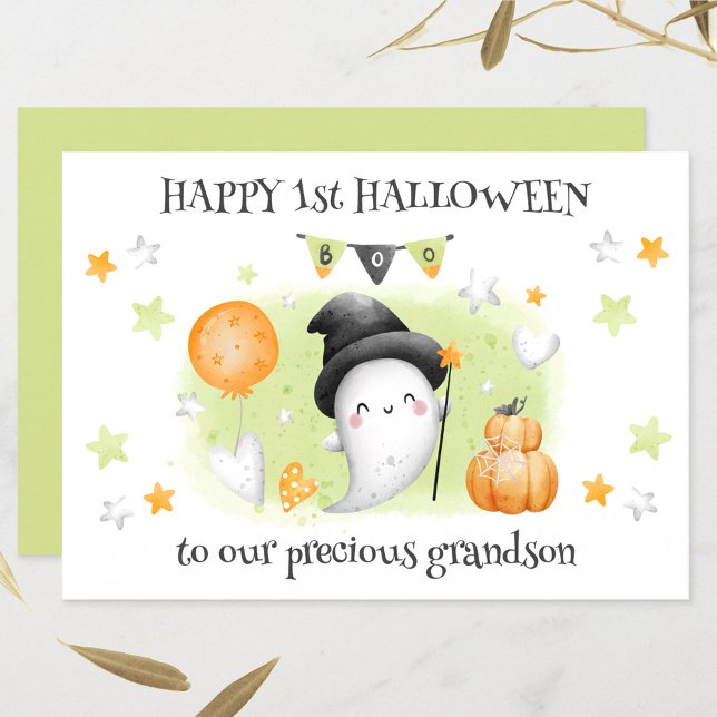 Cartão de Dia das Bruxas de 1 rua, Ghost Bebê Ghos (Cute Little Boo Baby Ghost 1st Halloween Card)