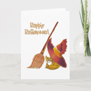Cartão de Dia das Bruxas de Cat e Broomstick