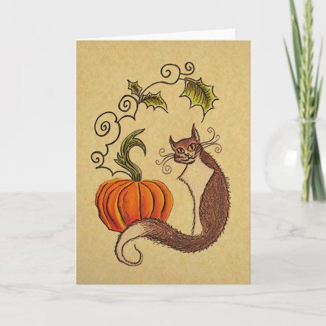 Cartão de Dia das Bruxas de Gato e Abóbora (Frente)
