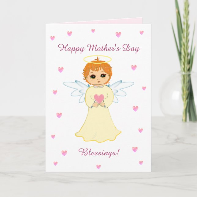Cartão de Dia das Mães Corações e Bênçãos de Anjo  (Frente)