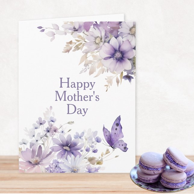 Cartão de Dia das Mães Floral Moderno e Elegante (Modern Stylish Purple Watercolor Floral Happy Mother's Day Card with Personalized Message Inside)