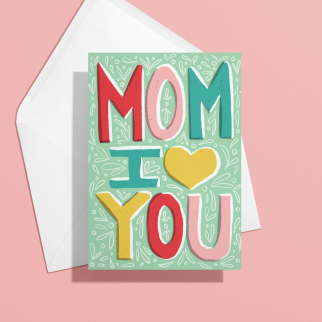Cartão de Dia das Mães 'Mãe Eu Te Amo' (hand-lettered mom I love you illustrated pretty cute mothers day card with pink, red, aqua)