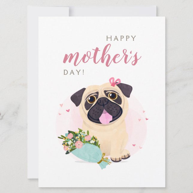 Cartão de Dia de as mães Feliz de Cute Pug (Frente)