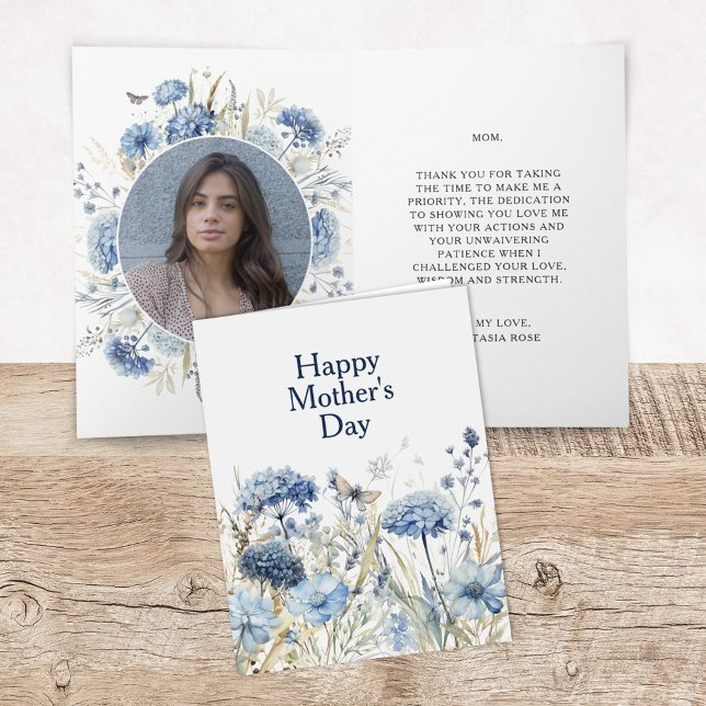 Cartão de Dia de as mães Feliz de Foto Floral Azul (modern mother's day card with photo keepsake and personalized message inside)
