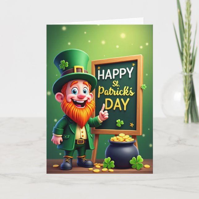 Cartão de Dia Feliz do Leprechaun de Ouro Falso (Frente)