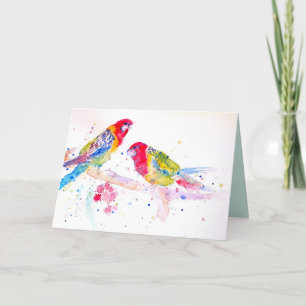 Cartão de dois papagaios Rosella em aquarela em um