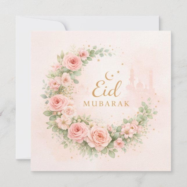 Cartão de Eid Mubarak Floral em Aquarela – Românti (Frente)