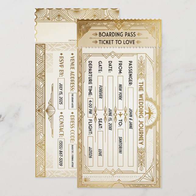 Cartão de Embarque Art Deco para Casamento (Frente/Verso)