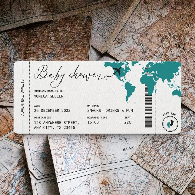 Cartão de Embarque Azul-petróleo para viagem Chá d (Teal Boarding Pass Baby Shower invitation)