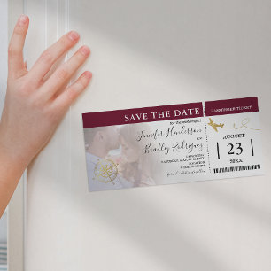 Cartão de Embarque Burgundy Save the Date Photo