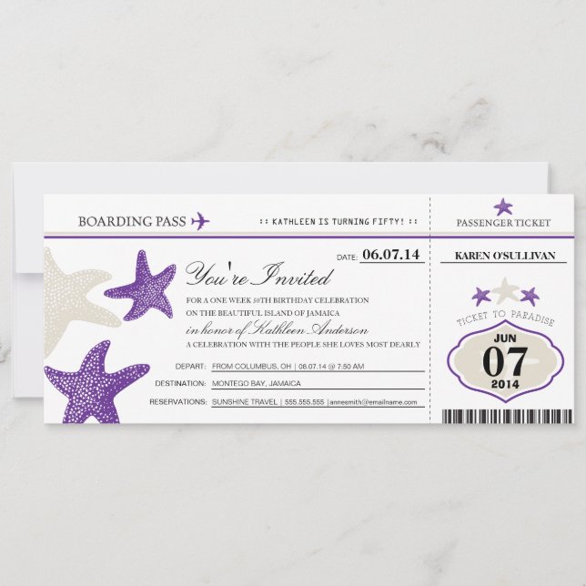 Cartão de Embarque de Aniversário Estrela do Mar (Frente)