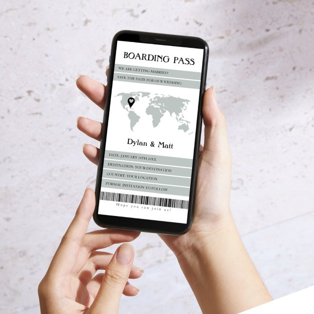 Cartão de Embarque Eletrônico Casamento dos Sonhos (electronic boarding pass save the date destination wedding sage world map)