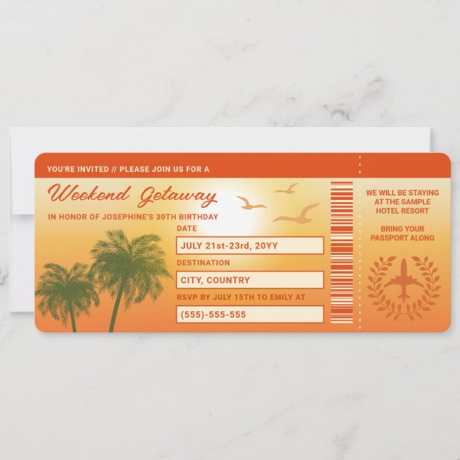 Cartão de Embarque Falso de Aniversário Tropical (Frente)