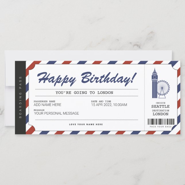 Cartão de Embarque Surpresa para Viagem em Londres (Frente)