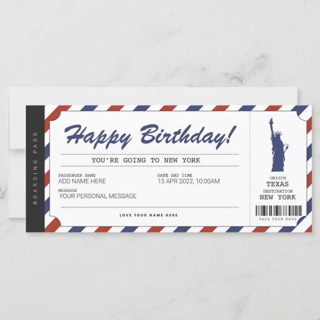 Cartão de Embarque Viagem Surpresa para Nova Iorqu (Frente)