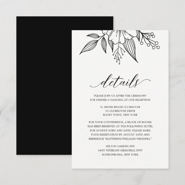 Cartão de Enclausuramento Preto de Noiva Floral Si (Frente/Verso)