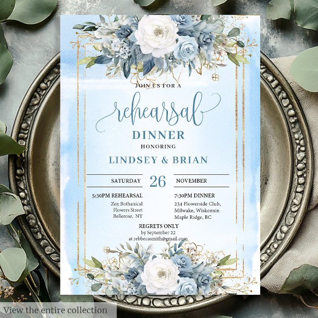 Cartão de Ensaio de Casamento de Penas Azuis e Dus (Minimalist Dusty Blue Peony Wedding Rehearsal Card)