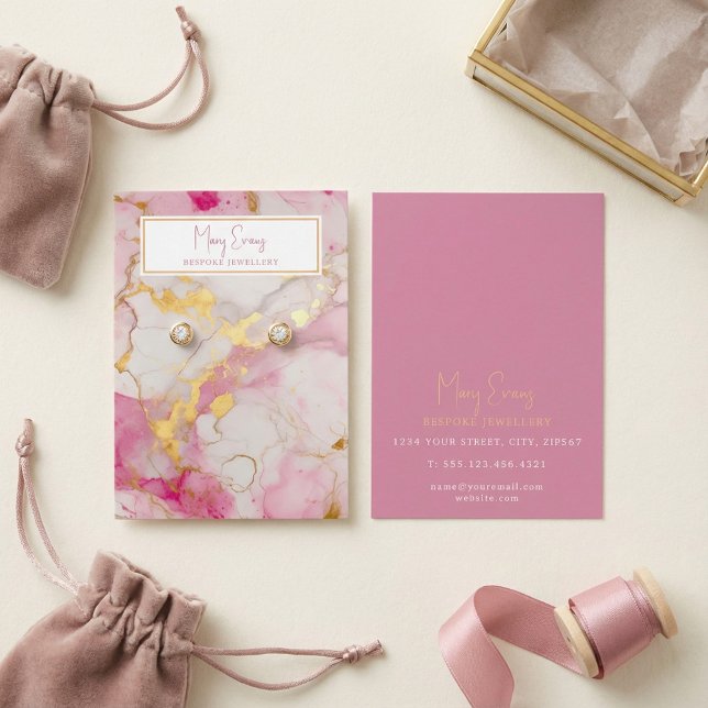 Cartão de exibição de efeito de mármore Dourado e  (Gold and pink marble effect earring display card.)