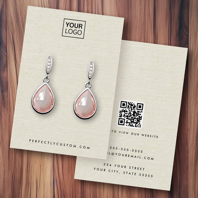 Cartão de exibição do brinco QR com aparência de l (Cream linen look logo QR earring display card)