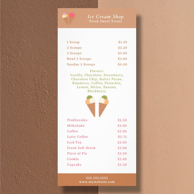 Cartão de Exposição de Cardápio e Preços de Sorvet (Ice Cream Menu & Price List Rack Card)