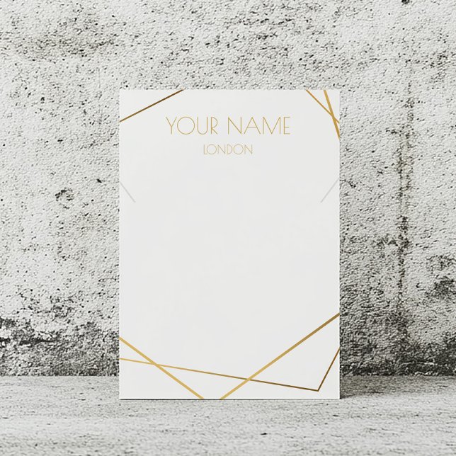 Cartão de expositor de joias geométricas de ouro K (White necklace display card with gold text and gold geometric border)