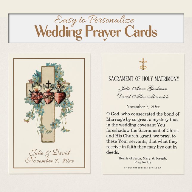 Cartão de Favor de Casamento Católico Jesus Maria  (Easy to Personalize Catholic hWedding Prayer Cards with the  hearts of Jesus, Mary, & Joseph)