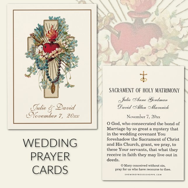 Cartão de Favor de Casamento Floral Azul da Virgem (Traditional Catholic Immaculate Heart of Mary Wedding Prayer Cards)