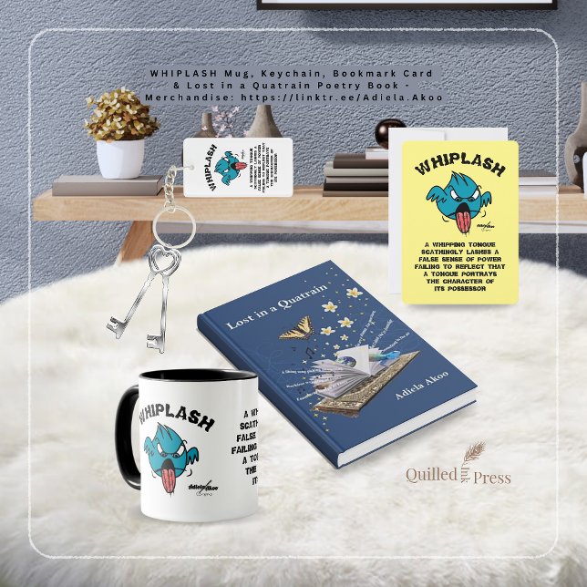 Cartão de favorito WHIPLASH da poeta Adiela Akoo (Whiplash Bookmark Card, Mug, Keychain & Lost in a Quatrain poetry book by Adiela Akoo. GET IT NOW!)