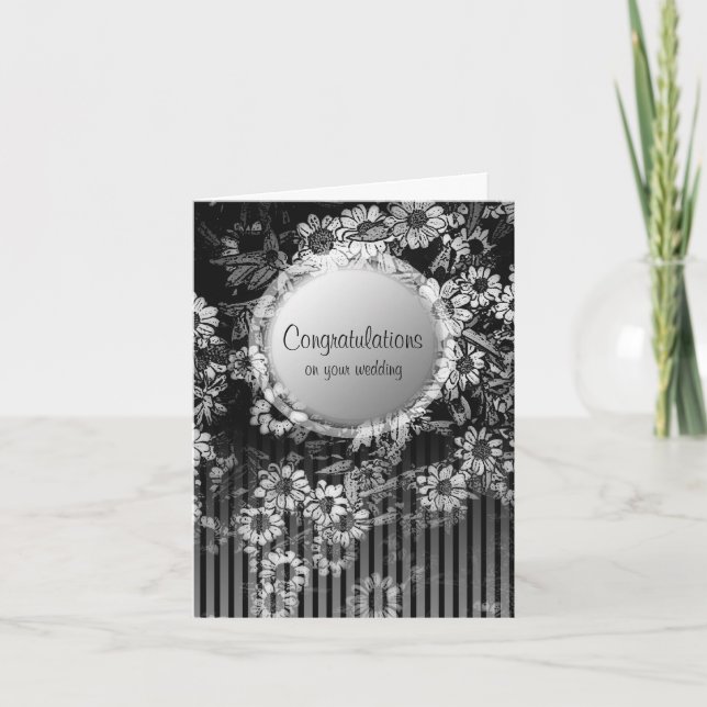 Cartão de Felicitações de Casamento Preto Floral V (Frente)