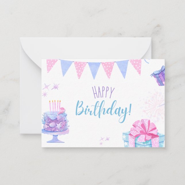 Cartão de Feliz Aniversário com balões e bolo (Frente)