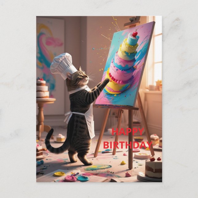 Cartão de Feliz Aniversário com Bolo e Gato Engraç (Frente)