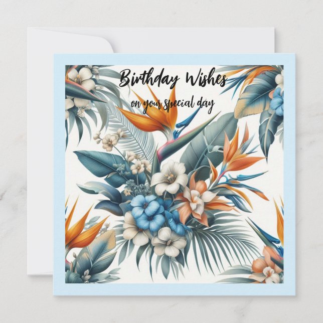 Cartão de Feliz Aniversário com Flores Tropicais (Frente)