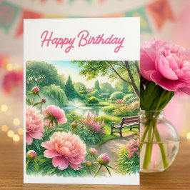 Cartão de Feliz Aniversário com Peônias Rosas no P