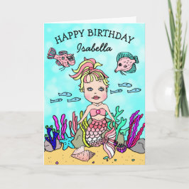 Cartão de Feliz Aniversário Temático Sereia Rosa