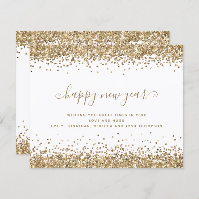 Cartão de Feliz ano novo de Bordas Lítimas Dourada (Frente/Verso)
