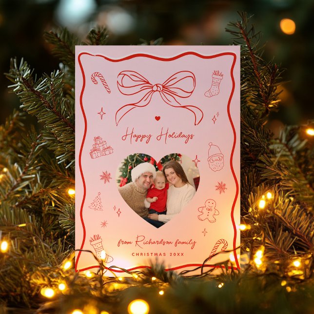 Cartão de Feliz Natal com Foto e Laço Retro Rosa e (Criador carregado)