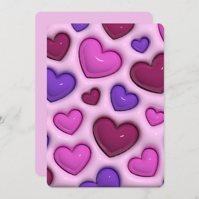 Cartão De Feriado Com Corações 3D Glossy (Frente/Verso)