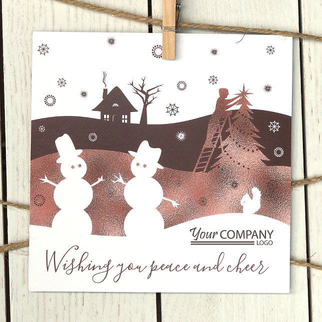 Cartão de Feriado da Companhia de Neve de Bronze,  (Chocolate Brown Logo Company Holiday Christmas Cards, Rustic Brown White Snowmen Snow Village)