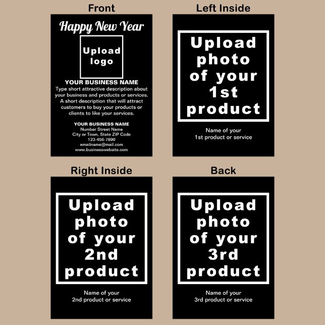 Cartão de Feriado de Ano Novo em Preto (Black folded holiday card for New Year with your business brand and products or services.)