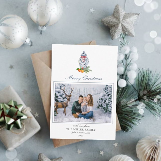 Cartão de Feriado de Boião de Ginger Azul e Branco (Criador carregado)