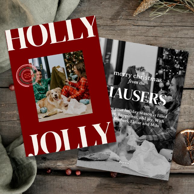 Cartão de Feriado de Carimbo de Carimbo de Foto da (Celebrate the season in bold style with this playful “Holly Jolly” photo card.)