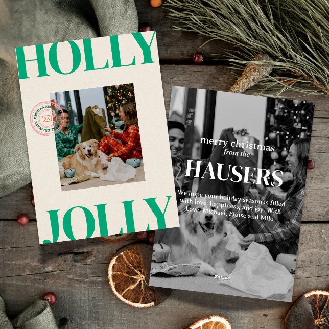 Cartão de Feriado de Carimbo de Carimbo de Foto da (Celebrate the season in bold style with this playful “Holly Jolly” photo card. )